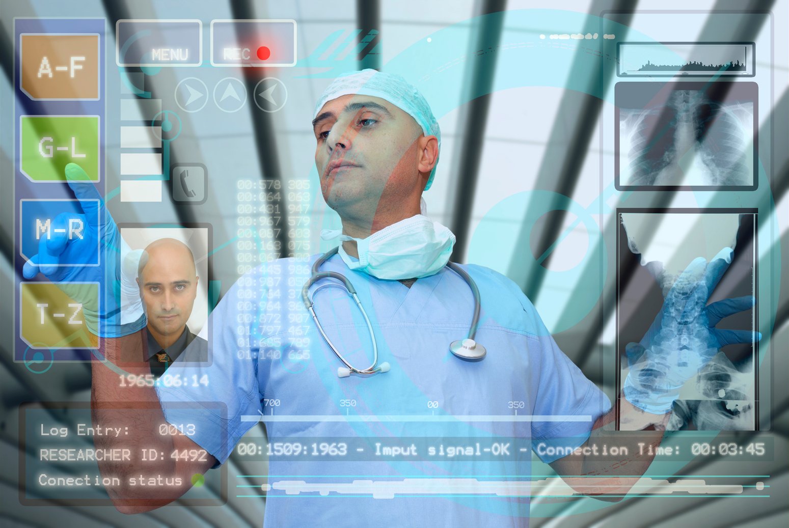 Doctor using high tech hologram touch screen